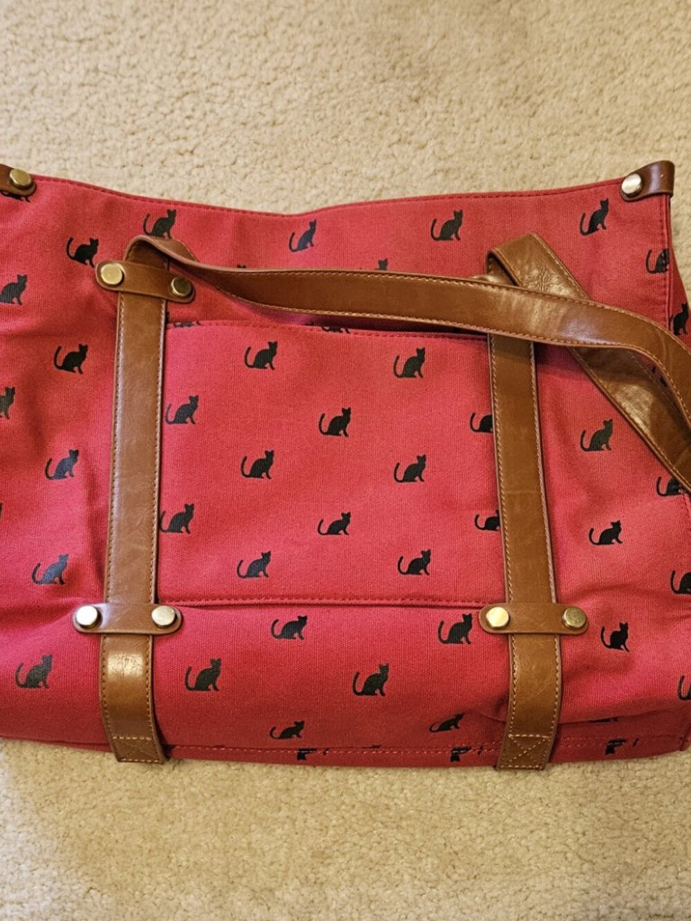 Modcloth Camp Director Tote Red Canvas with Cat Print and Leather Handles - Picture 2 of 8